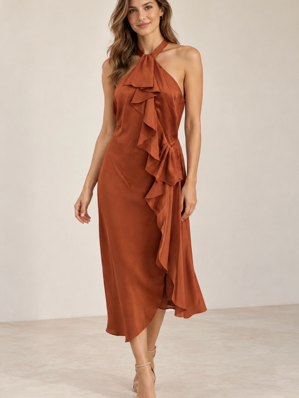 Badgley Mischka Rust Halter Ruffle Maxi Dress in